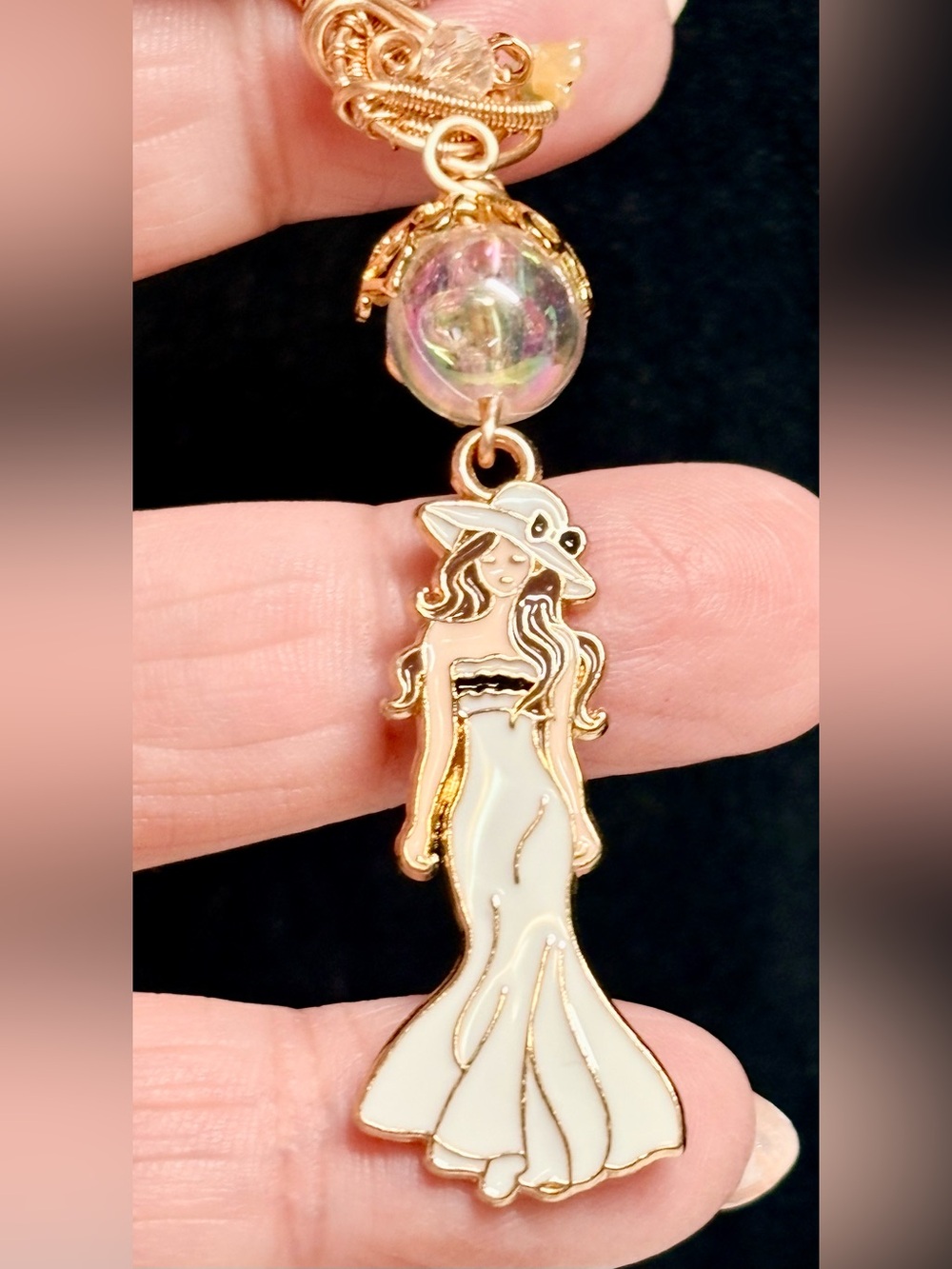 Gold-Tone White Enamel female DRESS form/Bee and flower accents Pendant Necklace